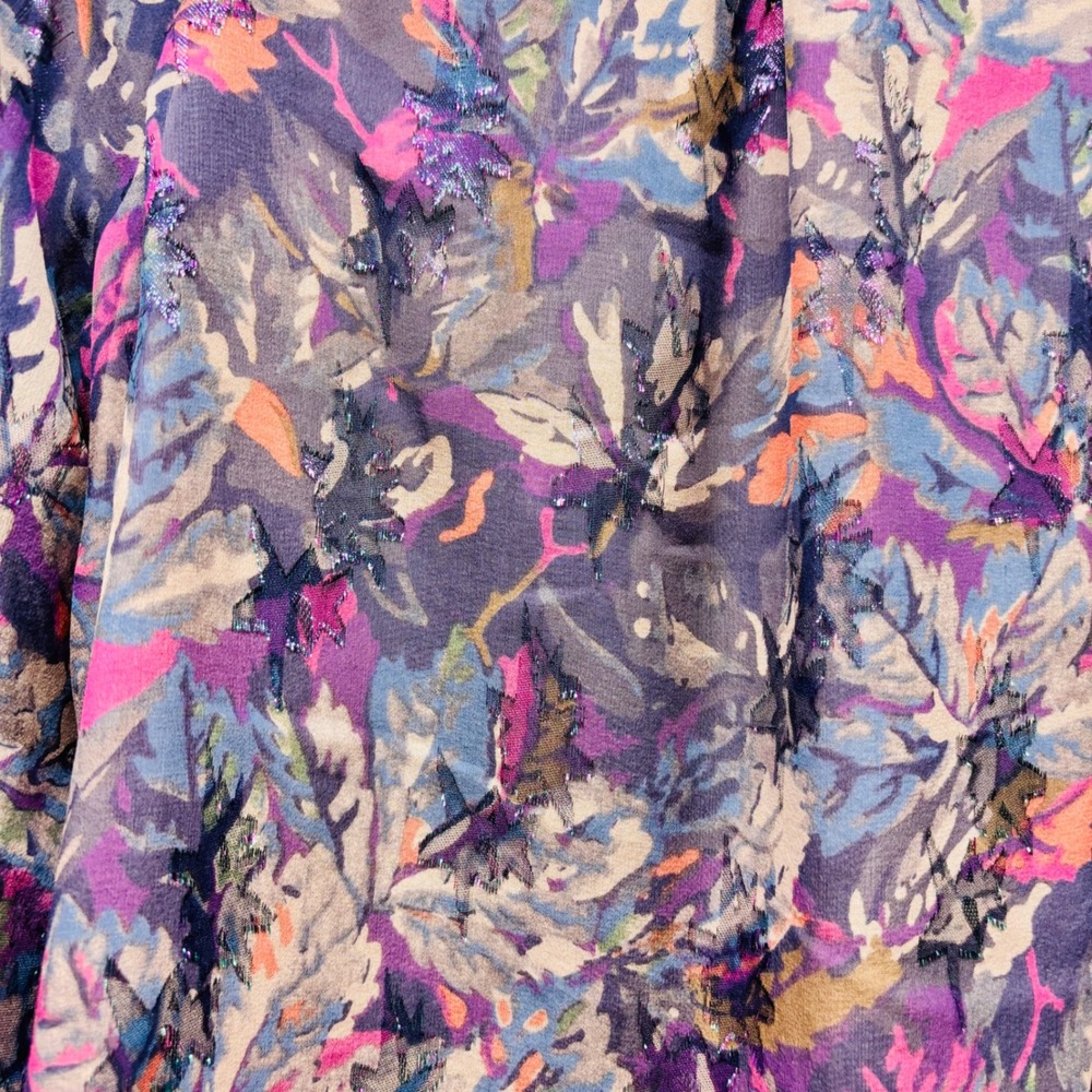 Rebecca Taylor Silk Metallic Floral Smocked Mock Neck Blouse Purple Blue Size 0 - Picture 4 of 8